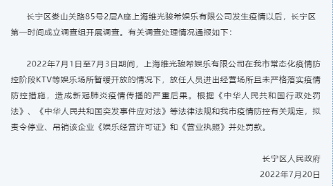 上海某娱乐公司未落实防控措施造成疫情传播被责令停业、吊销营业执照